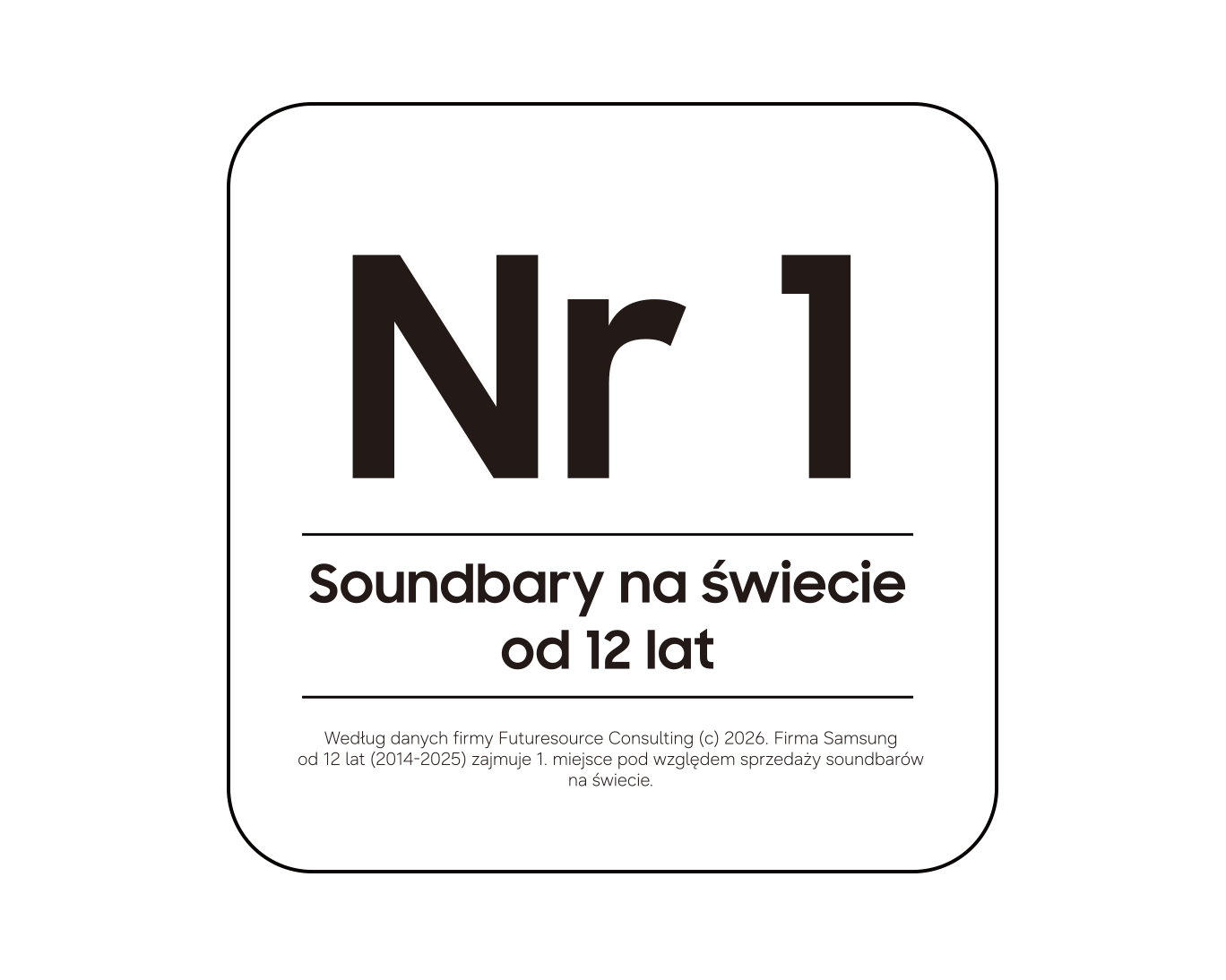 Według danych firmy Futuresource Consulting (c) 2026. Firma Samsung od 12 lat (2014-2025) zajmuje 1. miejsce pod względem sprzedaży soundbarów na świecie.