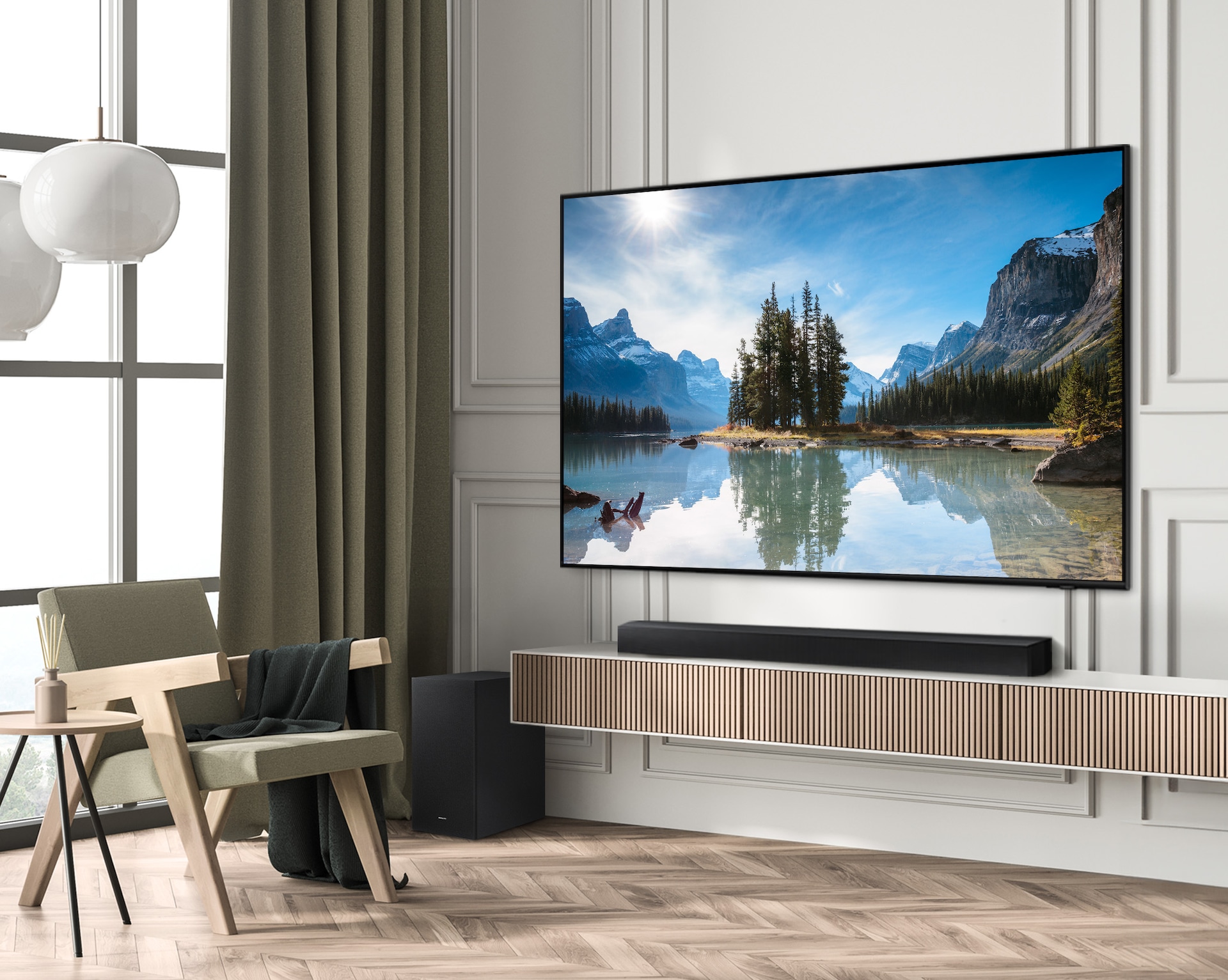 Grafika pokazująca soundbar B-seria HW-B650D 3.1 z telewizorem Samsung w salonie.