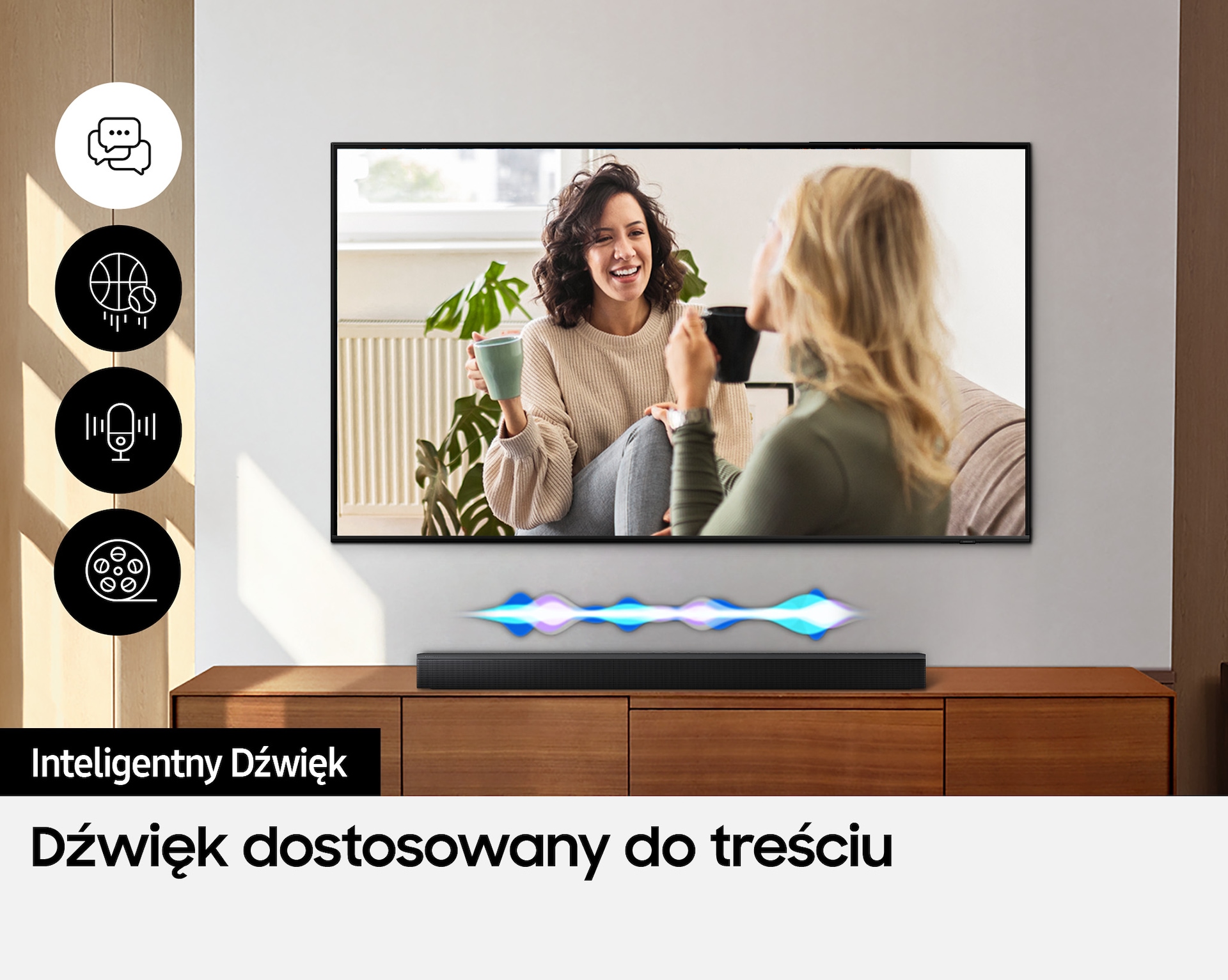 Grafika pokazująca soundbar B-seria HW-B650D 3.1 z telewizorem Samsung powieszone nad szafką rtv.