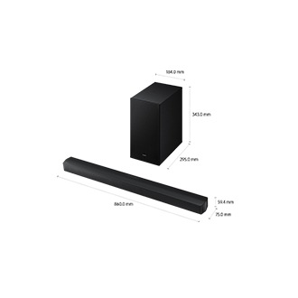 Soundbar B-seria HW-B650F 3.1. z subwooferem, widok z boku z wymiarami