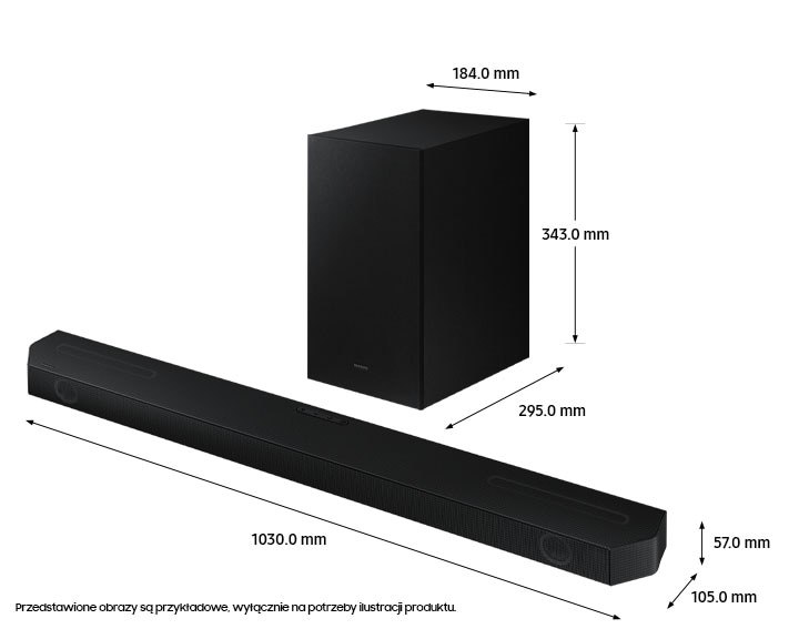 Widok na zestaw Samasung soundbar HW-Q600B/EN z podanymi wymiarami elementów