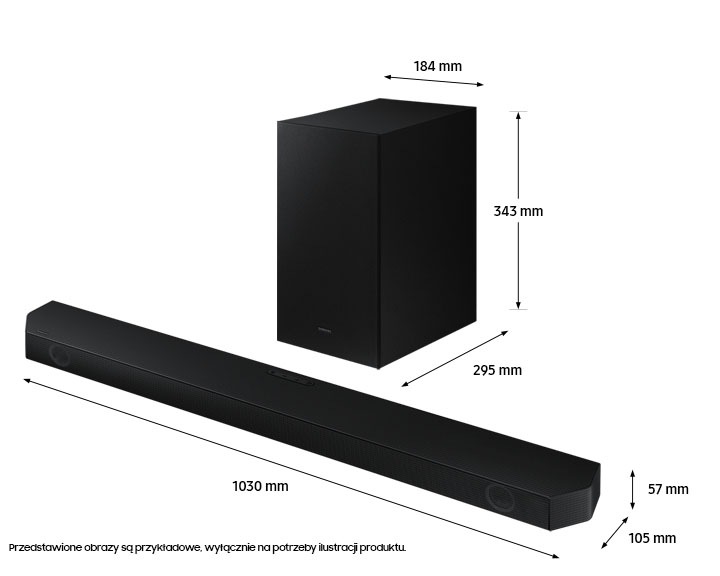 Widok na zestaw Soundbar Q-seria HW-Q60B Samsung i wymiary elementów zestawu