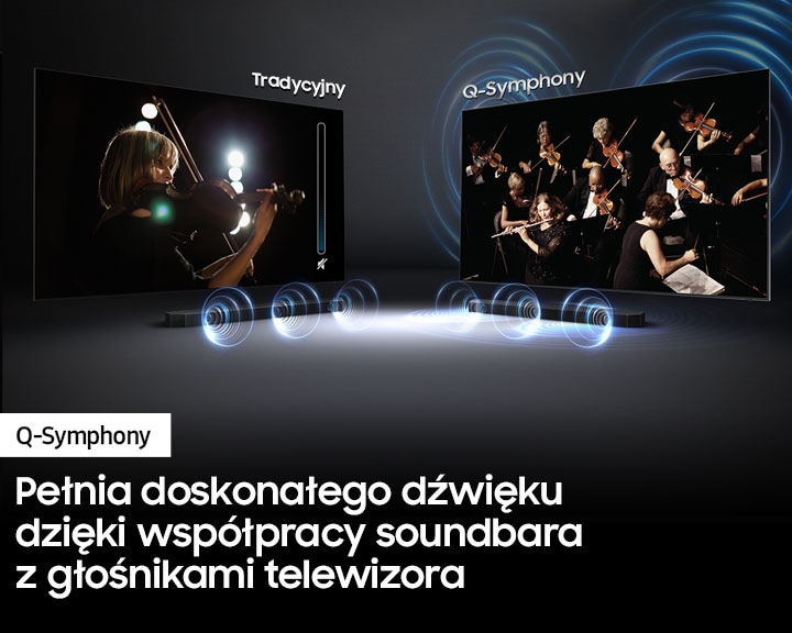 Funkcja Q-symphony i łączenie kanałów dźwięku soundbara i telewizora Samsung