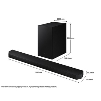 Widok na cały zestaw Q-serii soundbar Samsung HW-Q700B/EN z wymiarami elementów zestawu