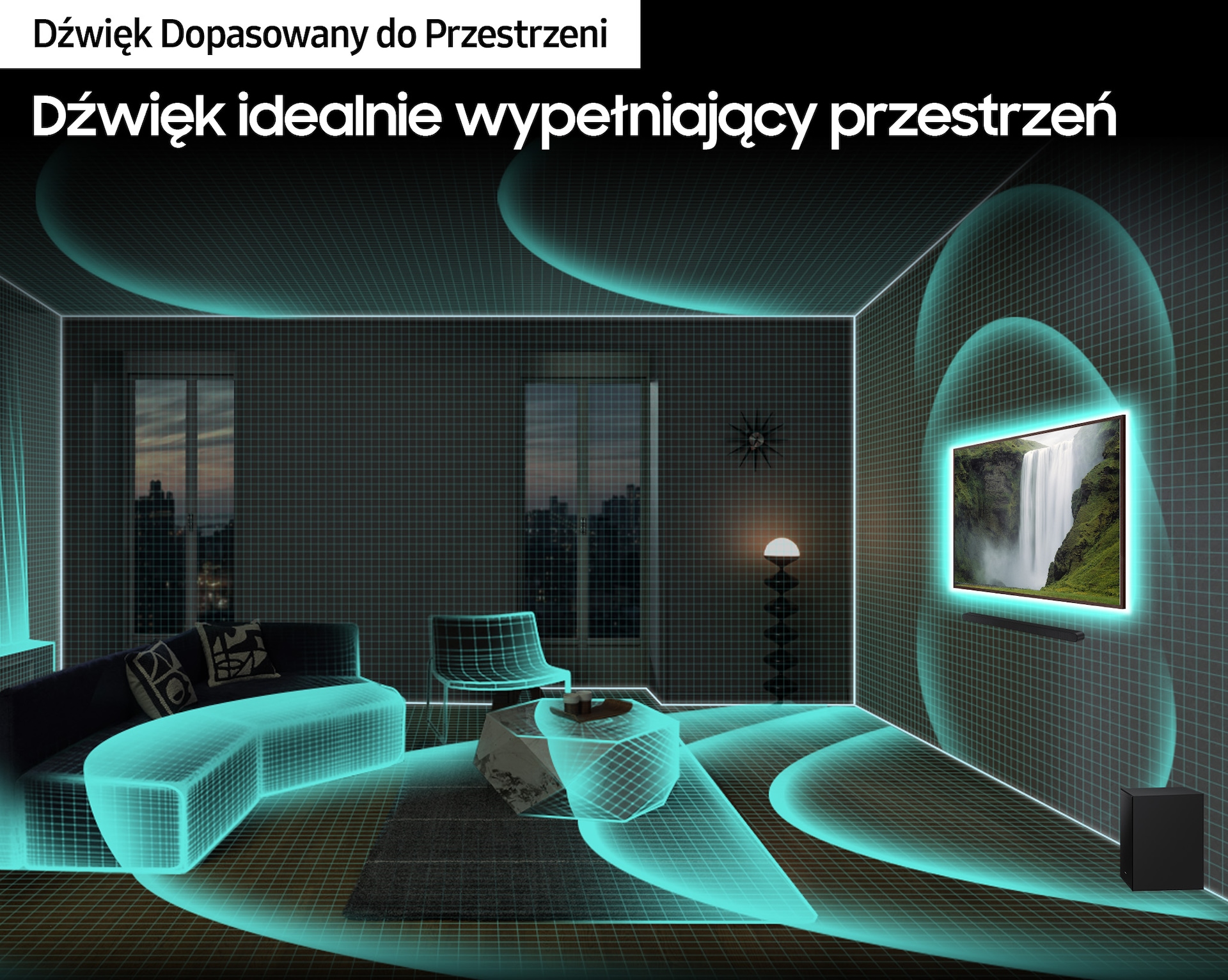 Funkcja Dźwięk Dopasowany do Przestrzeni Pro w Soundbarze HW-Q700D 3.1.2 z subwooferem