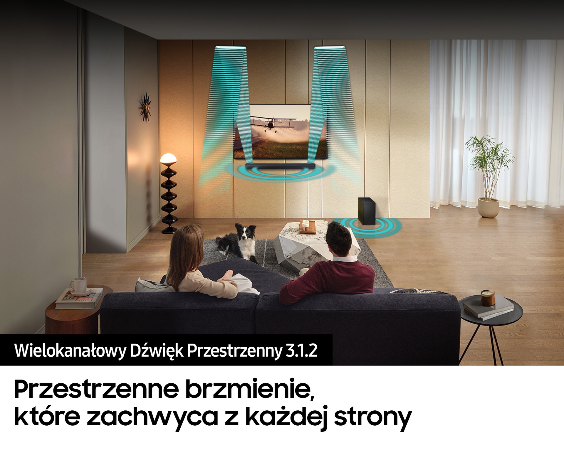 Wielokanałowy Dźwięk Przestrzenny 5.1.2 w Soundbarze HW-Q700D 3.1.2 z subwooferem