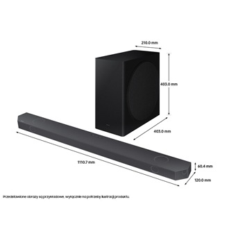 Nowy Soundbar Q-seria HW-Q800B/EN - widok na zestaw z wymiarami elementów zestawu