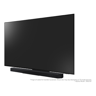 Widok z boku na zestaw Soundbara HW-Q800D 5.1.2 z subwooferem i telewizorem Samsung