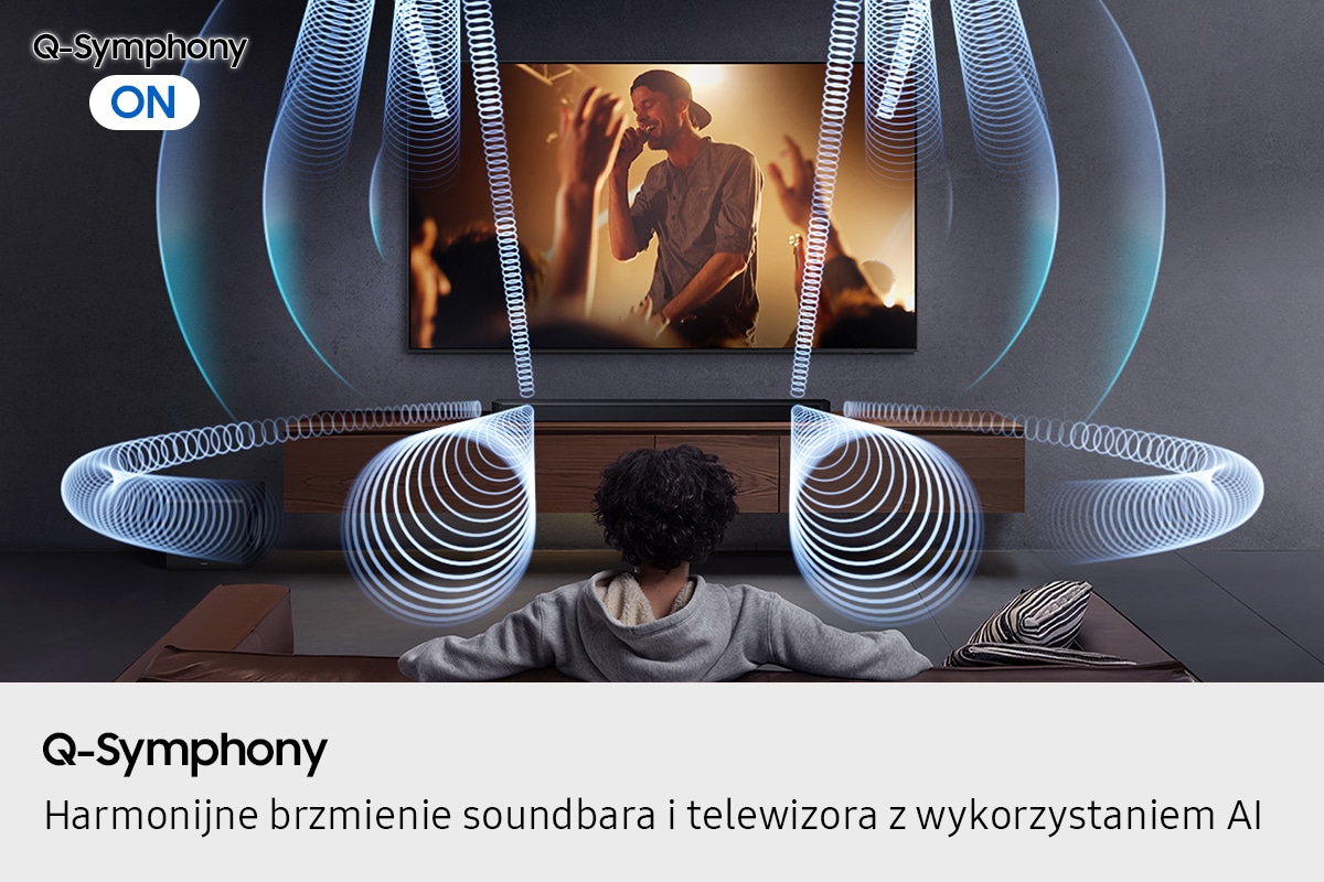 Wizualizacja funkcji Q-Symphony, które pozwala na harmonijne brzmienie soundbara i telewizora z wykorzystaniem AI