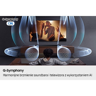 Wizualizacja funkcji Q-Symphony, które pozwala na harmonijne brzmienie soundbara i telewizora z wykorzystaniem AI