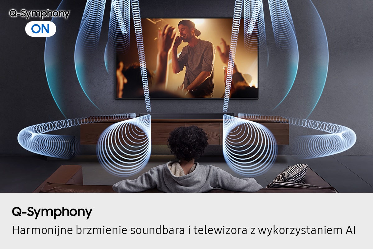 Wizualizacja funkcji Q-Symphony, które pozwala na harmonijne brzmienie soundbara i telewizora z wykorzystaniem AI