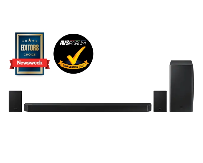 Poznaj czarny soundbar Samsung HW-Q950A (2021) z Wielokanałowym Dźwiękiem Przestrzennym w formacie 11.1.4ch, innowacyjną technologią Q-Symphony i Funkcją Adaptacji Dźwięku.