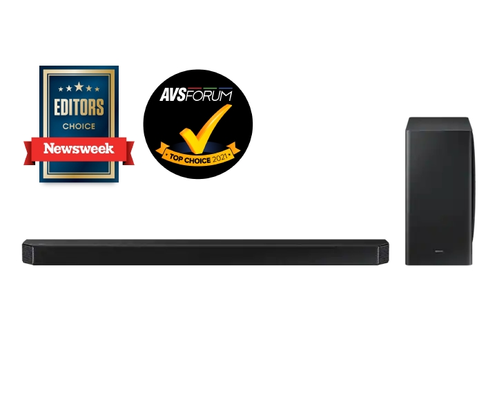 Poznaj czarny soundbar Samsung HW-Q950A (2021) z Wielokanałowym Dźwiękiem Przestrzennym w formacie 11.1.4ch, innowacyjną technologią Q-Symphony i Funkcją Adaptacji Dźwięku.