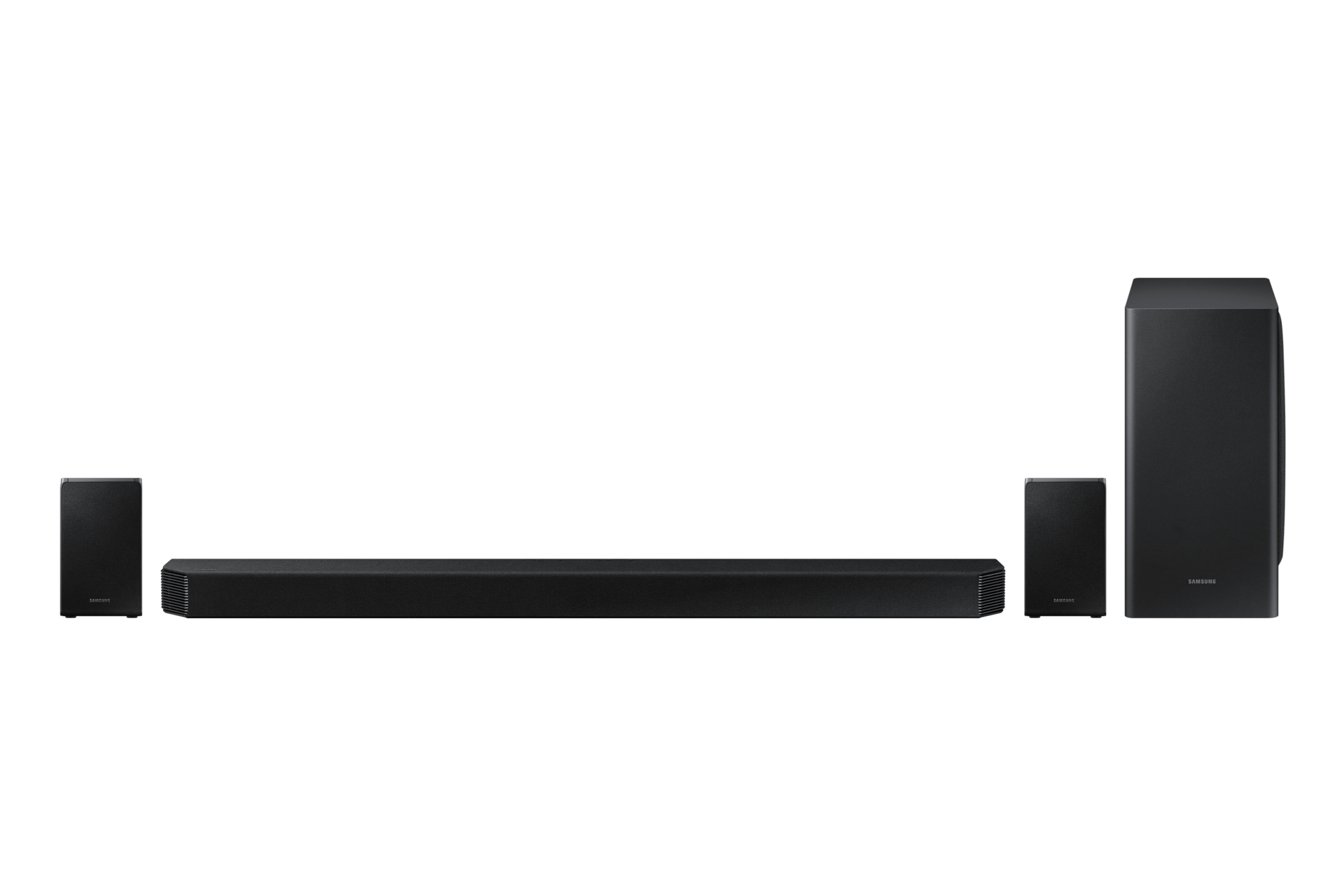 Widok z przodu na najnowszy soundbar Samsung Q950T - wyposażony w wielokanałowy dźwięk przestrzenny oraz funkcję Q-Symphony dla lepszej jakości dźwięku - nowość Samsung 2020