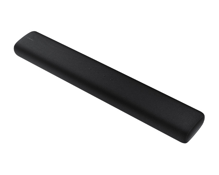 Zdjęcie przedstawia rzut z góry od prawej strony na czarny soundbar all in one Samsung S60A.