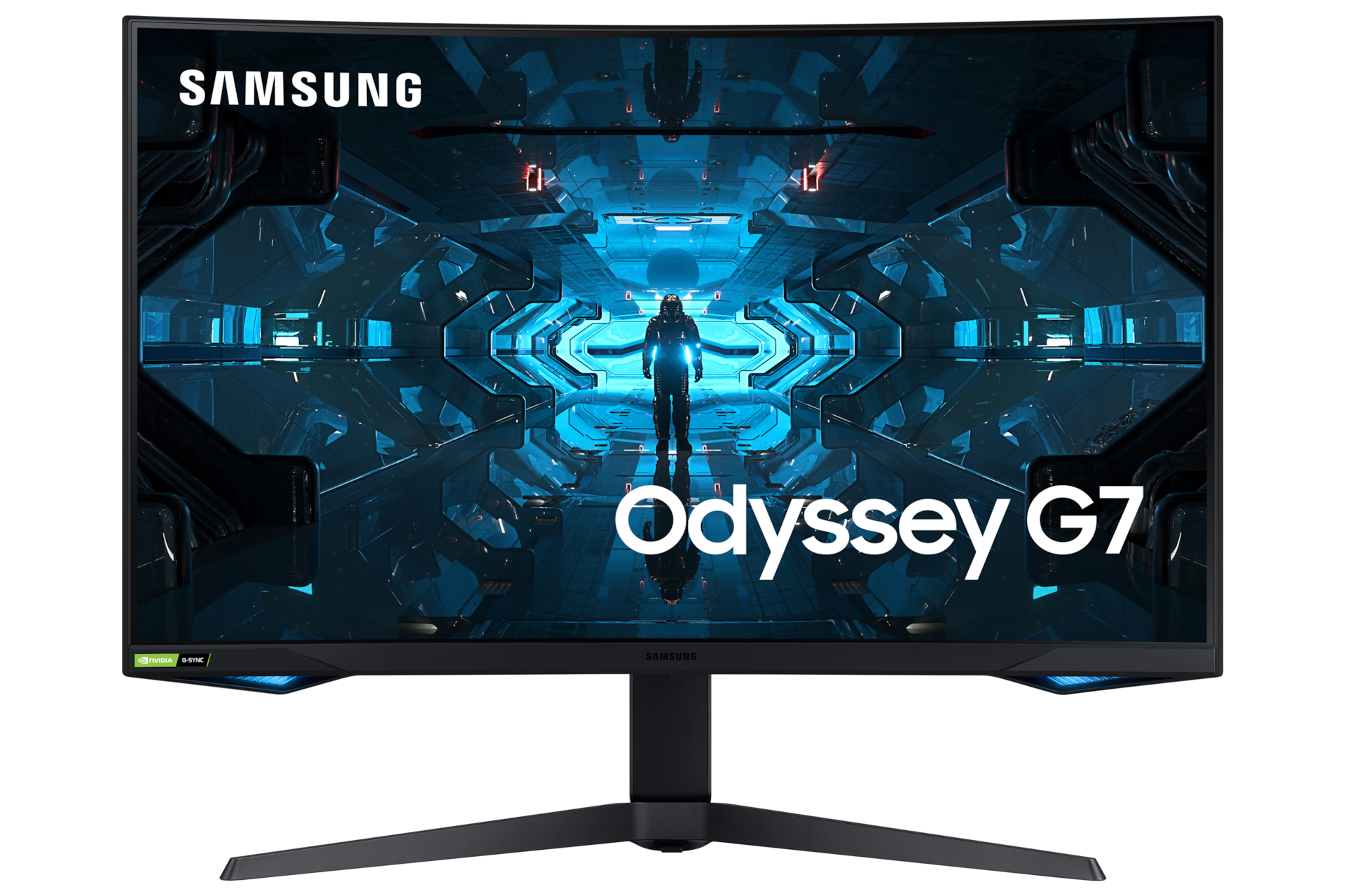 Monitor gamingowy Odyssey G75T 32 cale (LC32G75TQSPXEN) - widok z przodu z logo Samsung