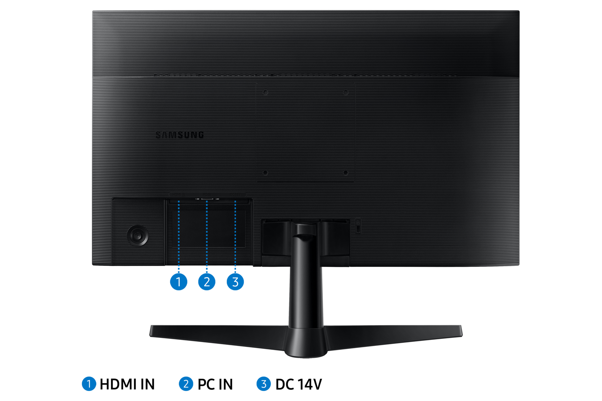 Samsung Essential S3 24'' S33GF - widok z tyłu z podpisanymi gniazdami urządzenia - HDMI IN, PC IN oraz DC 14V