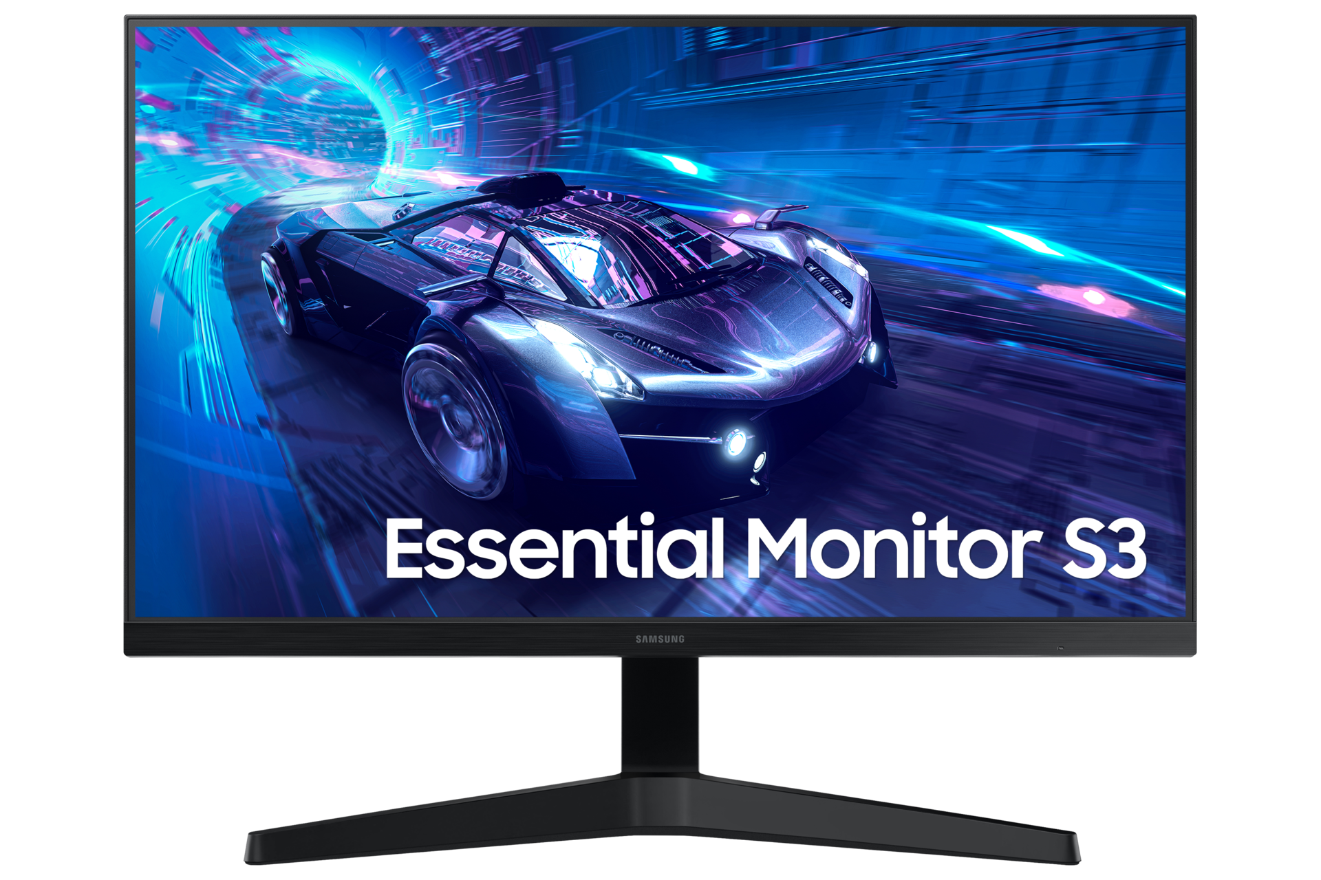 Samsung Essential S3 24'' S33GF - widok z przodu z wyświetlanym obrazem samochodu sportowego w nocnym, futurystycznym tle