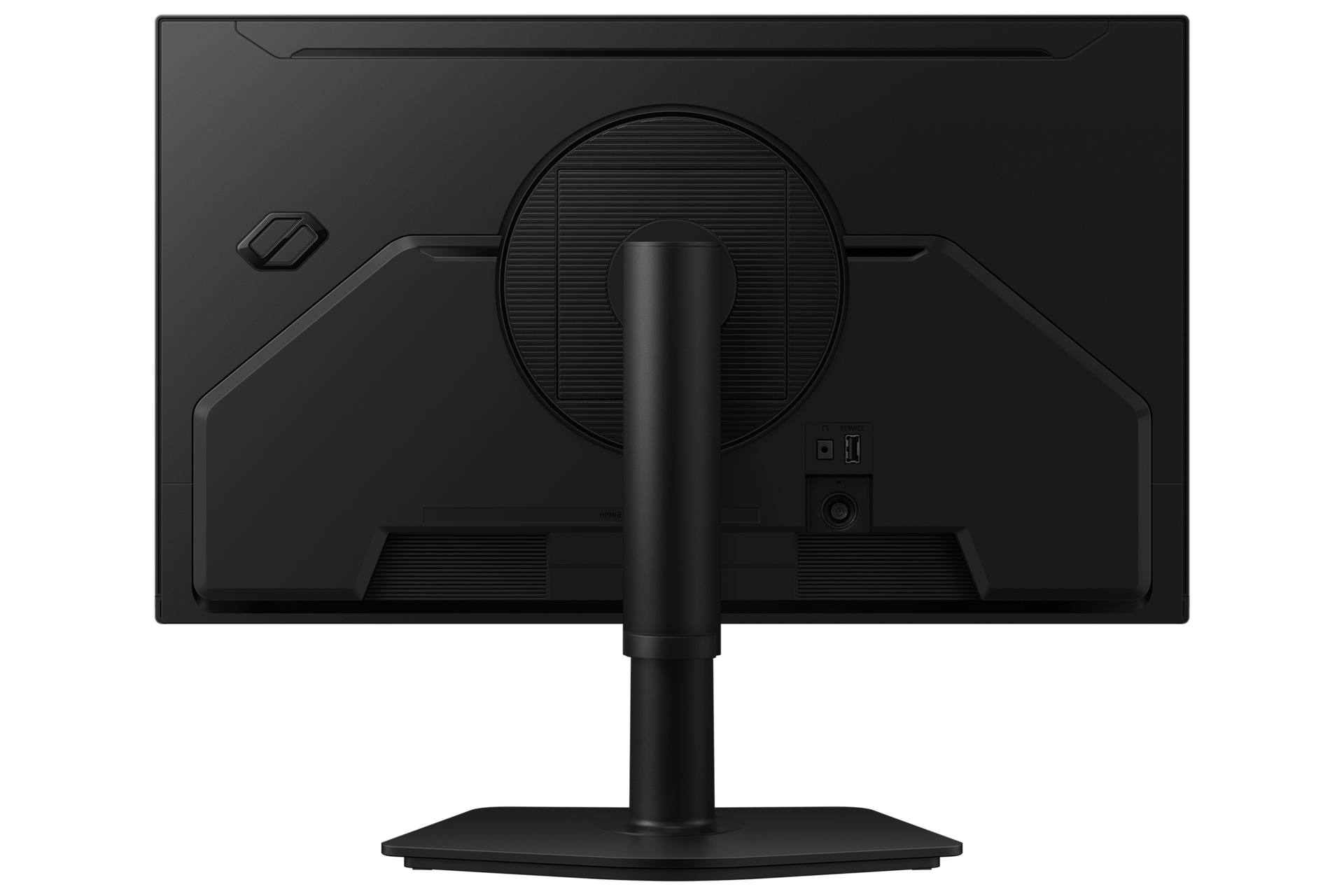 Monitor Samsung LS25HG402EUXEN czarny - widok od tyłu, widoczna obudowa z charakterystycznym wzorem, okrągłe mocowanie VESA, złącza HDMI, DisplayPort, zasilanie oraz wyjście słuchawkowe.