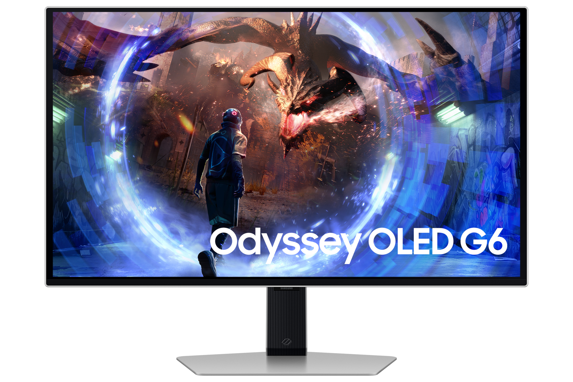 Monitor gamingowy OLED Odyssey G6 27 cali QHD LS27DG600SUXEN - widok przodem z nazwą na ekranie 