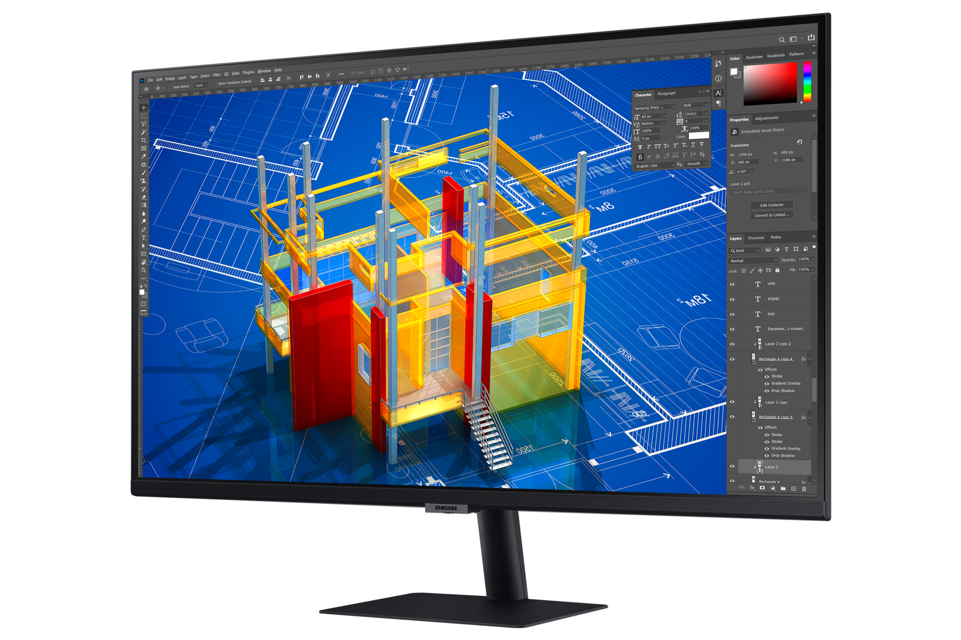 Monitor biznesowy ViewFinity S70A 32 cale (LS32A700NWPXEN) - widok na rozległy ekran pod skosem w prawo