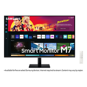Monitor Smart M70B 32 cale (LS32BM702UPXEN) - widok z przodu z logo Samsung