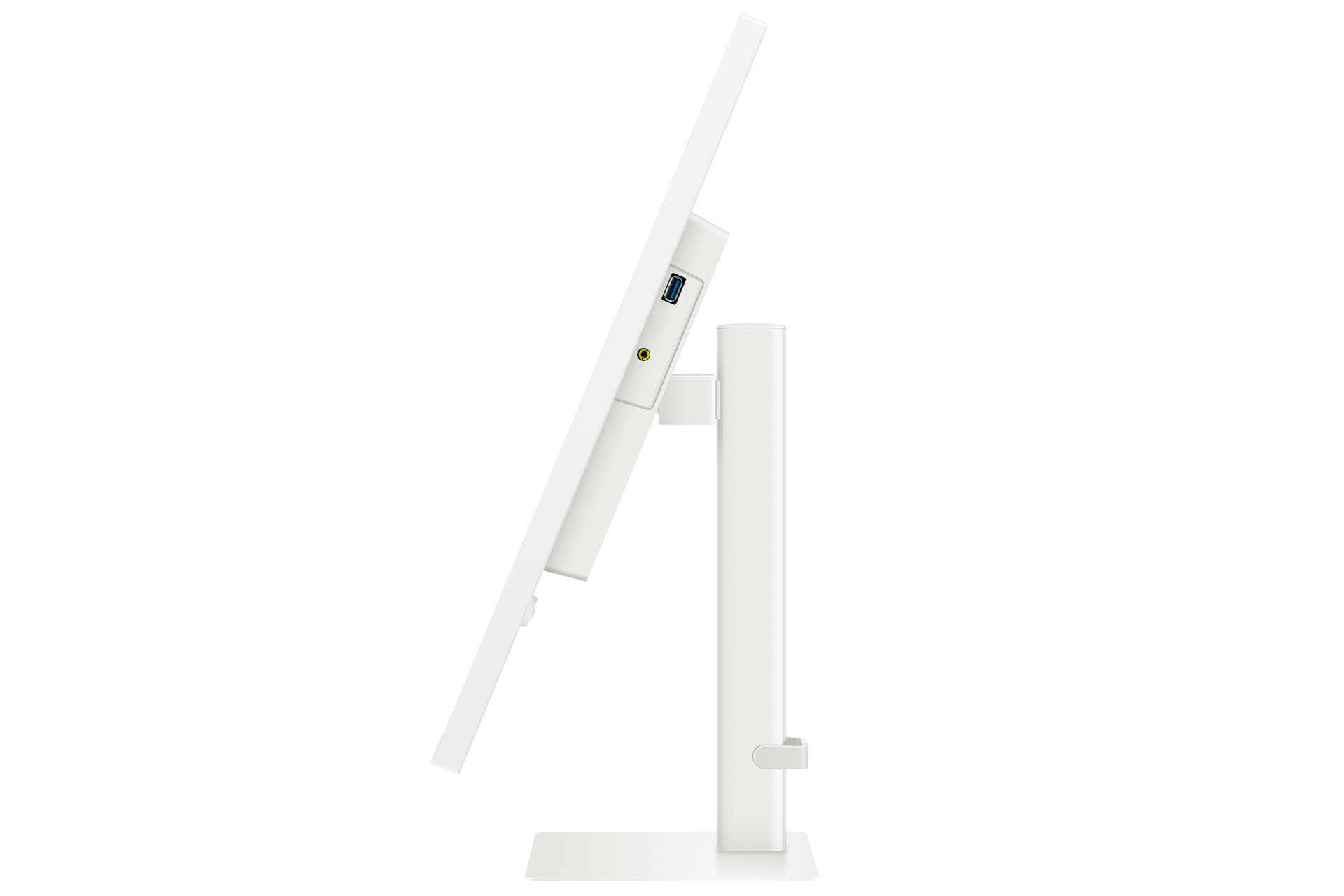 Biały monitor Viewfinity S7 32 cale 4K UHD LS32D701EAUXEN - widok bokiem z odchylonym do tyłu ekranem