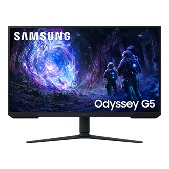 Monitor Gamingowy Odyssey G5 32" 180Hz QHD G51F w kolorze czarnym - widok z przodu z logo Samsung na ekranie