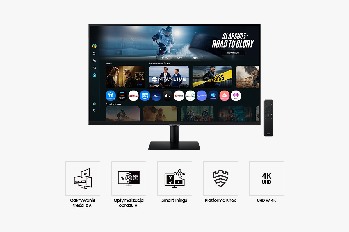 Monitor Smart M7 32'' 60Hz 4K UHD M70F w kolorze czarnym - widok z przodu z pilotem z zaletami urządzenia - odkrywanie treśći z AI, Optymalizacja obrazu AI, Smart Things, platforma Knox, UHD w 4K