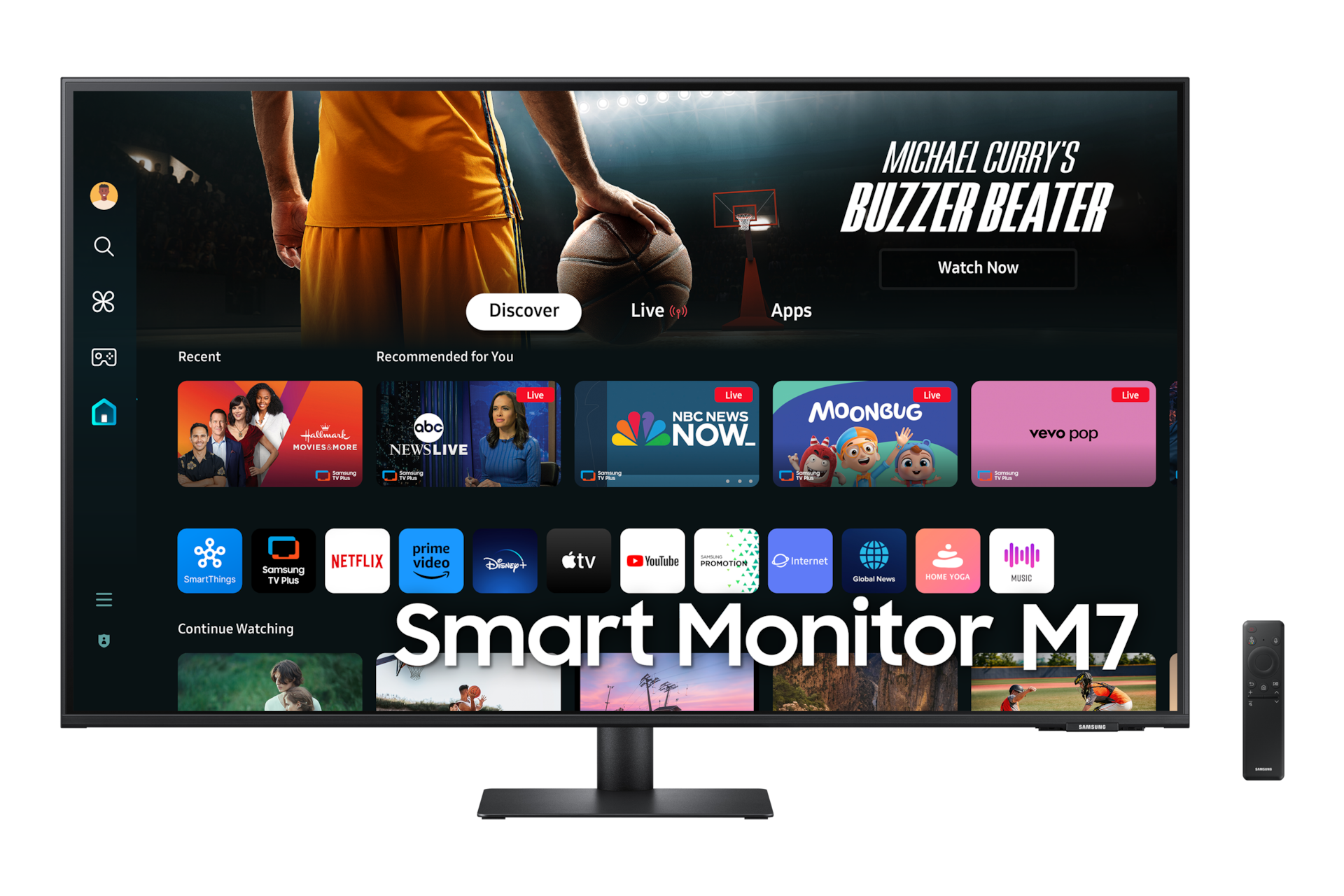 Monitor smart M7 32 cale 4K LS43DM702UUXDU - widok przodem z nazwą Samsung Monitor M7 na ekranie