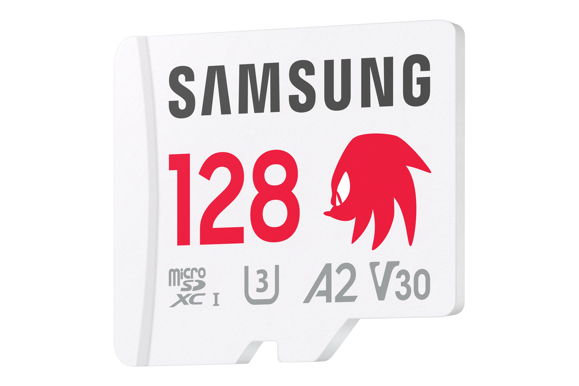 Karta pamięci Samsung PRO Plus microSD 128GB z logotypem Knucklesa, klasa A2, U3, V30, kolor biały, widok skosem w lewo