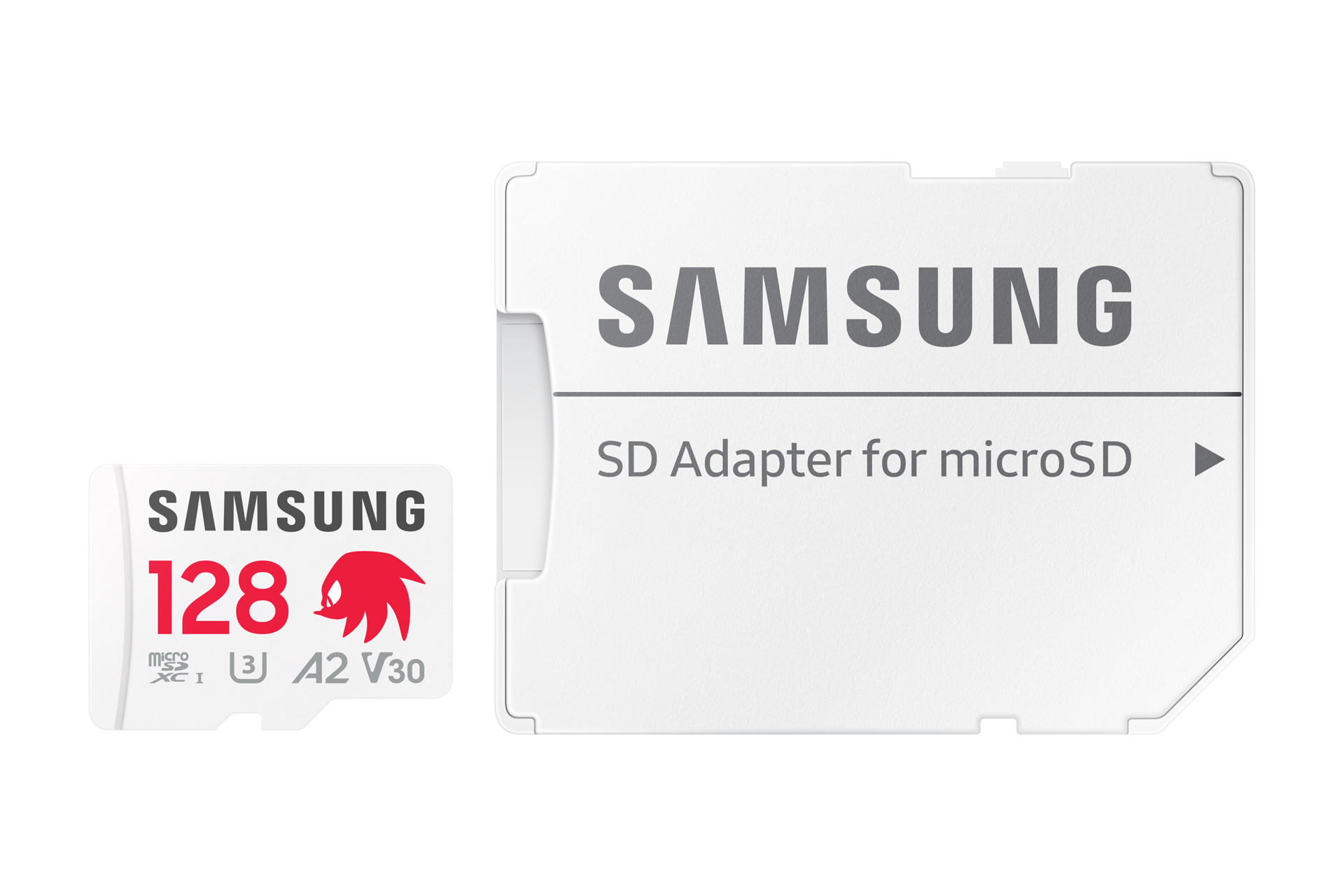 Karta pamięci Samsung PRO Plus microSD 128GB i adapter SD ułożone obok siebie, edycja Knuckles
