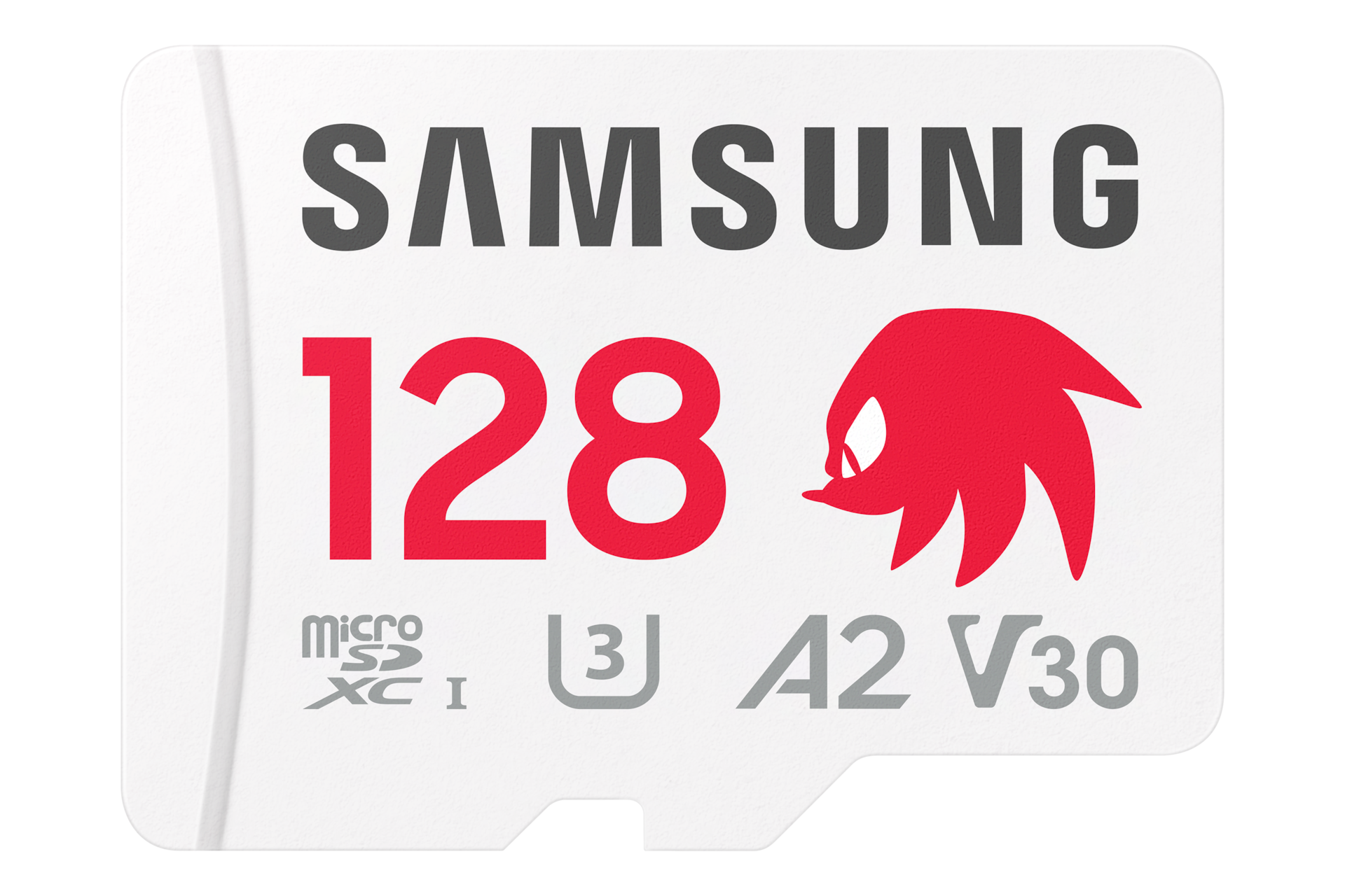 Karta pamięci Samsung PRO Plus microSD 128GB z logotypem Knucklesa, klasa A2, U3, V30, kolor biały, widok z przodu