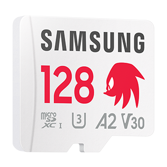 Karta pamięci Samsung PRO Plus microSD 128GB z logotypem Knucklesa, klasa A2, U3, V30, kolor biały, widok skosem w prawo