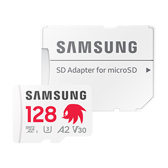 Zestaw Samsung PRO Plus microSD 128GB z czerwonym logiem Knucklesa i białym adapterem SD do microSD