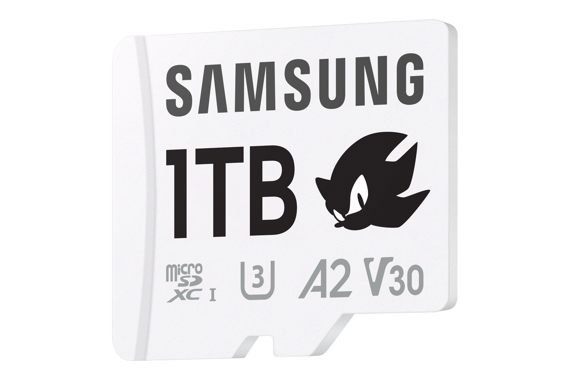 Karta pamięci Samsung PRO Plus microSD 1TB z logotypem Sonic, klasa A2, U3, V30, kolor biały, widok skosem w lewo