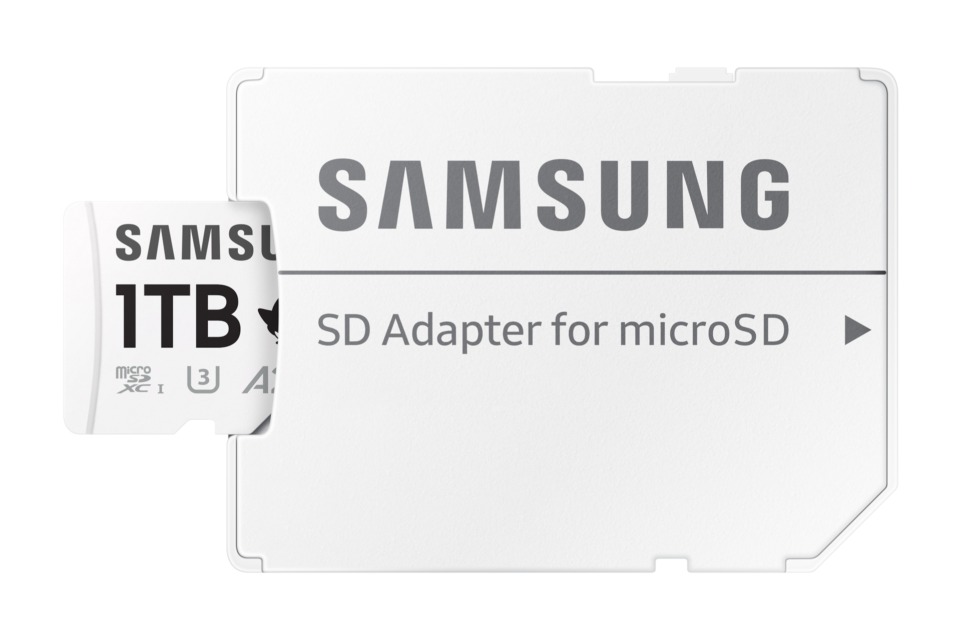 Karta Samsung PRO Plus microSD 1TB z logiem Sonic obok adaptera SD, zestaw w kolorze białym