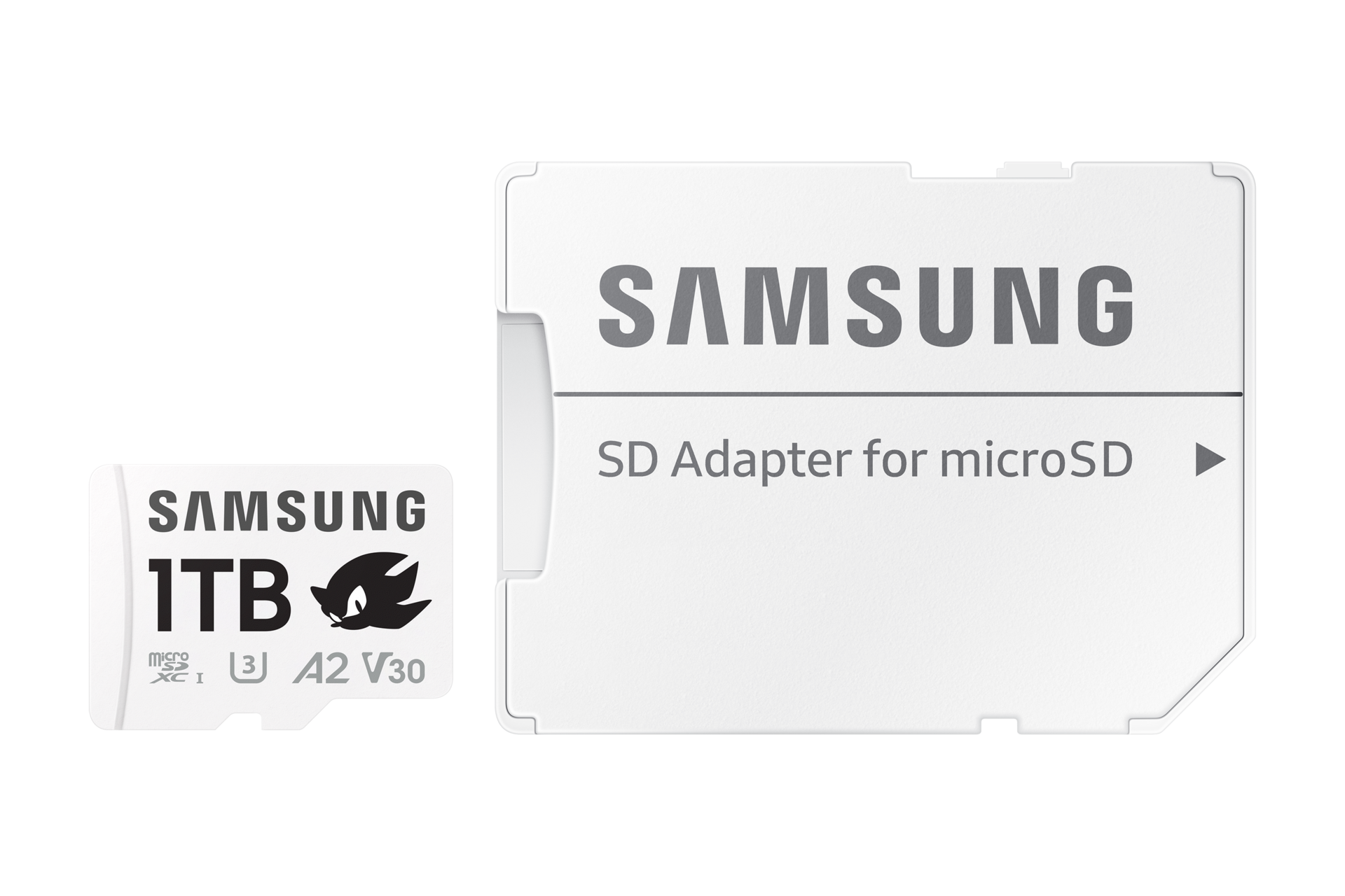 Karta Samsung PRO Plus microSD 1TB z logiem Sonic obok adaptera SD, zestaw w kolorze białym