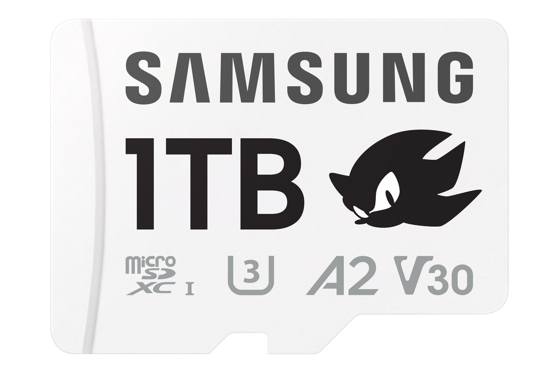 Karta pamięci Samsung PRO Plus microSD 1TB z logotypem Sonic, klasa A2, U3, V30, kolor biały, widok z przodu