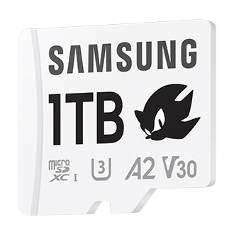 Karta pamięci Samsung PRO Plus microSD 1TB z logotypem Sonic, klasa A2, U3, V30, kolor biały, widok skosem w lewo