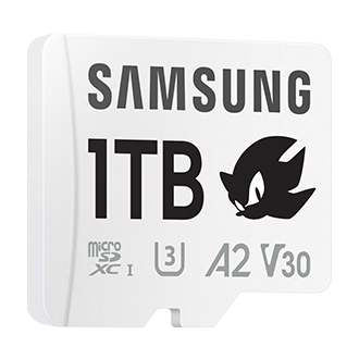 Karta pamięci Samsung PRO Plus microSD 1TB z logotypem Sonic, klasa A2, U3, V30, kolor biały, widok skosem w prawo 