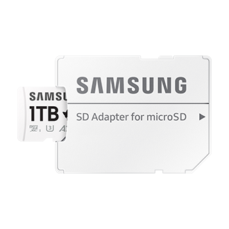 Karta Samsung PRO Plus microSD 1TB z logiem Sonic obok adaptera SD, zestaw w kolorze białym
