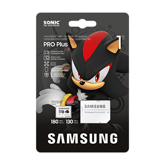 Opakowanie karty pamięci Samsung PRO Plus microSD 1TB z adapterem SD i grafiką Shadow the Hedgehog z serii Sonic