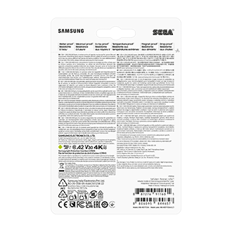 Tył opakowania karty pamięci Samsung PRO Plus microSD 1TB z informacjami technicznymi, logiem SEGA i ikonami odporności