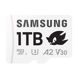 Karta pamięci Samsung PRO Plus microSD 1TB z logotypem Sonic, klasa A2, U3, V30, kolor biały, widok z przodu