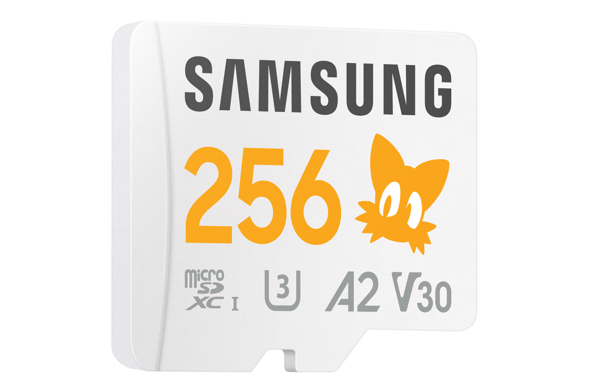 Karta pamięci Samsung PRO Plus microSD 256GB z pomarańczowym logiem Tailsa, klasa A2, U3, V30, widok skosem w prawo