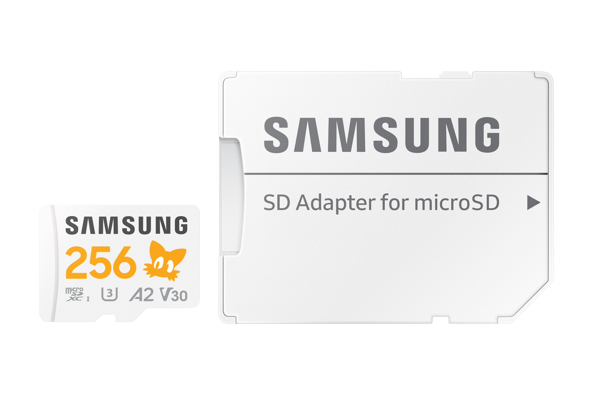 Karta Samsung PRO Plus microSD 256GB i adapter SD ułożone obok siebie, zestaw w kolorze białym z logiem Tailsa