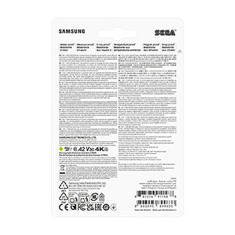Tył opakowania karty Samsung PRO Plus microSD 256GB z informacjami o odporności i logiem SEGA