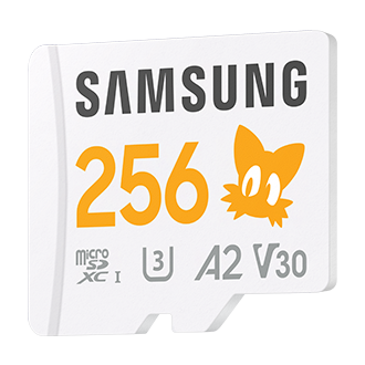 Karta pamięci Samsung PRO Plus microSD 256GB z pomarańczowym logiem Tailsa, klasa A2, U3, V30, widok skosem w lewo