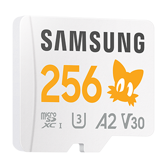 Karta pamięci Samsung PRO Plus microSD 256GB z pomarańczowym logiem Tailsa, klasa A2, U3, V30, widok skosem w prawo